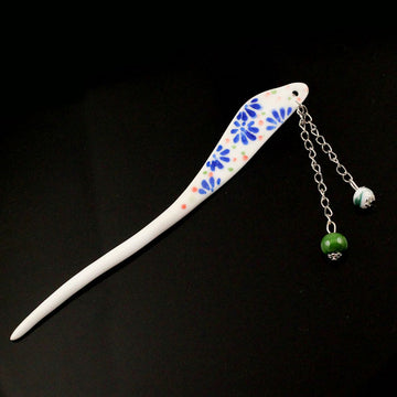 Handmade Porcelain China Freeform Hair Stick Blue Flowers with Tassels